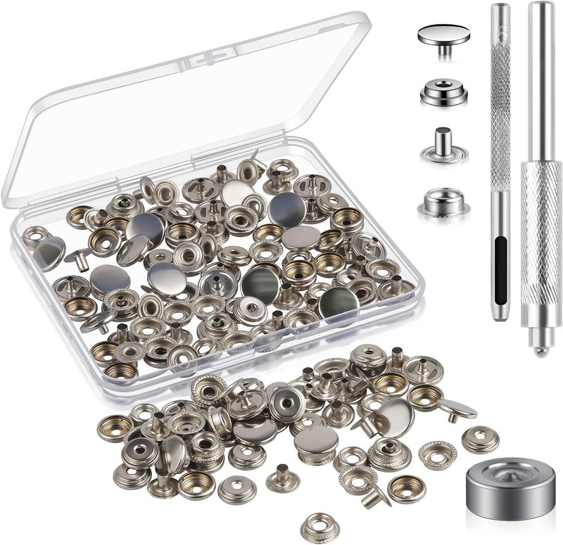 Moocci 200 Pieces (50Sets) Snap Fastener Kit Tool 5/8 inches (15mm) Snap Button kit Snaps for Leather Snap Fasteners Kit for Leather Stainless Snaps Button for Bag, Jeans, Clothes, Fabric (Silver) - Image 1